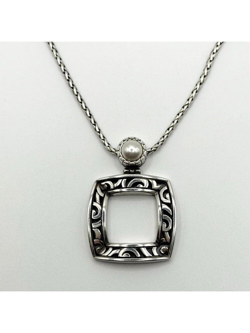 Brighton Filigree Square Silver-Tone Pearl Pendant Necklace Adjustable Chain